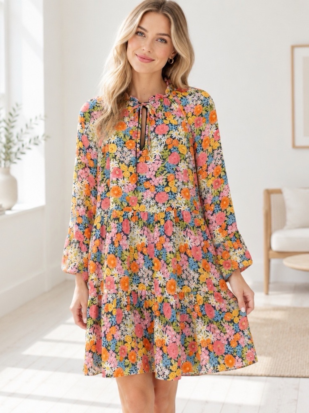 Show Me Your Mumu Floral Tiered Mini Dress Boho Ruffle Tie Neck XS